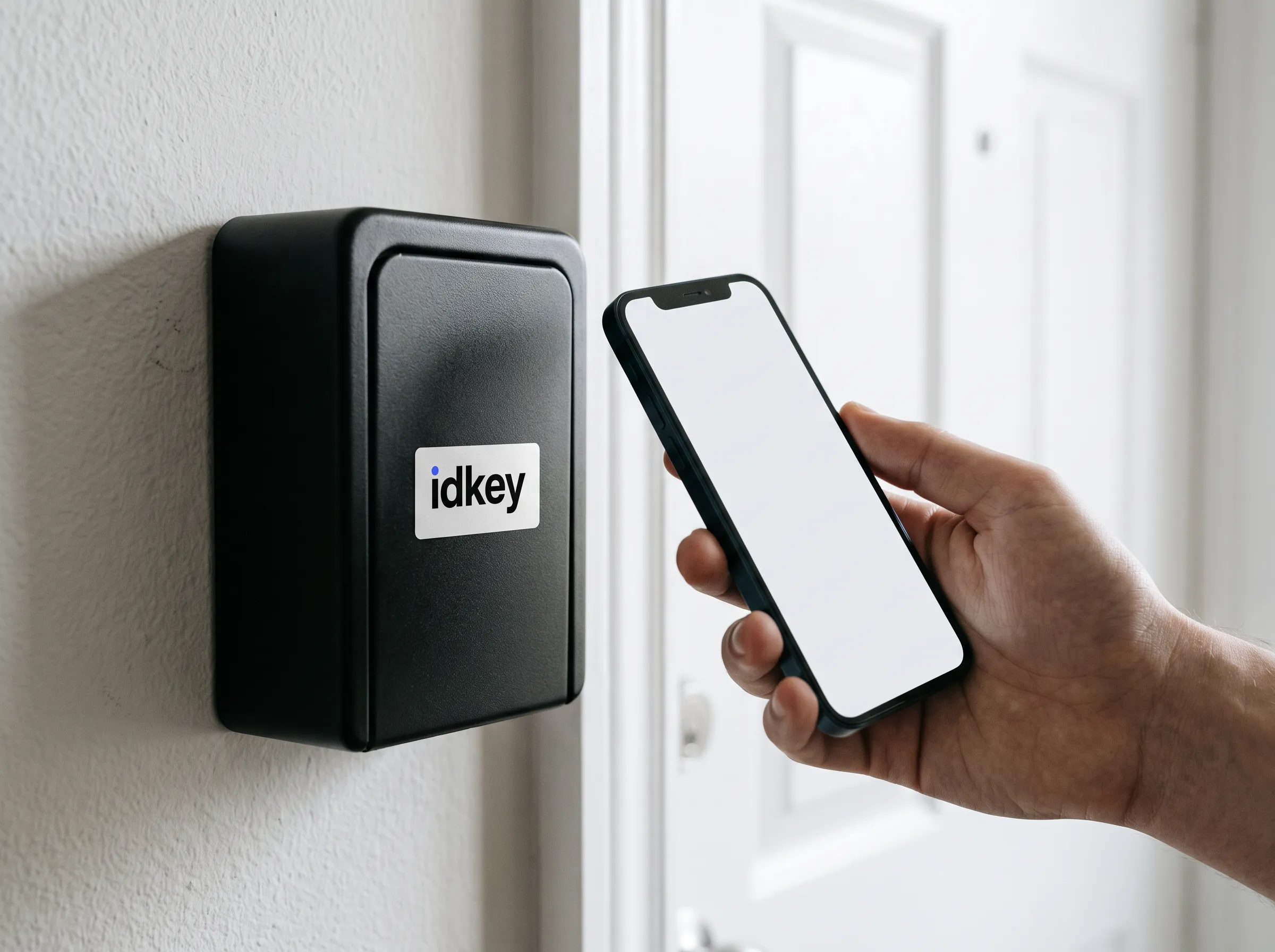 Boîte à clés avec l'autocollant Idkey à côté d'une porte d'appartement