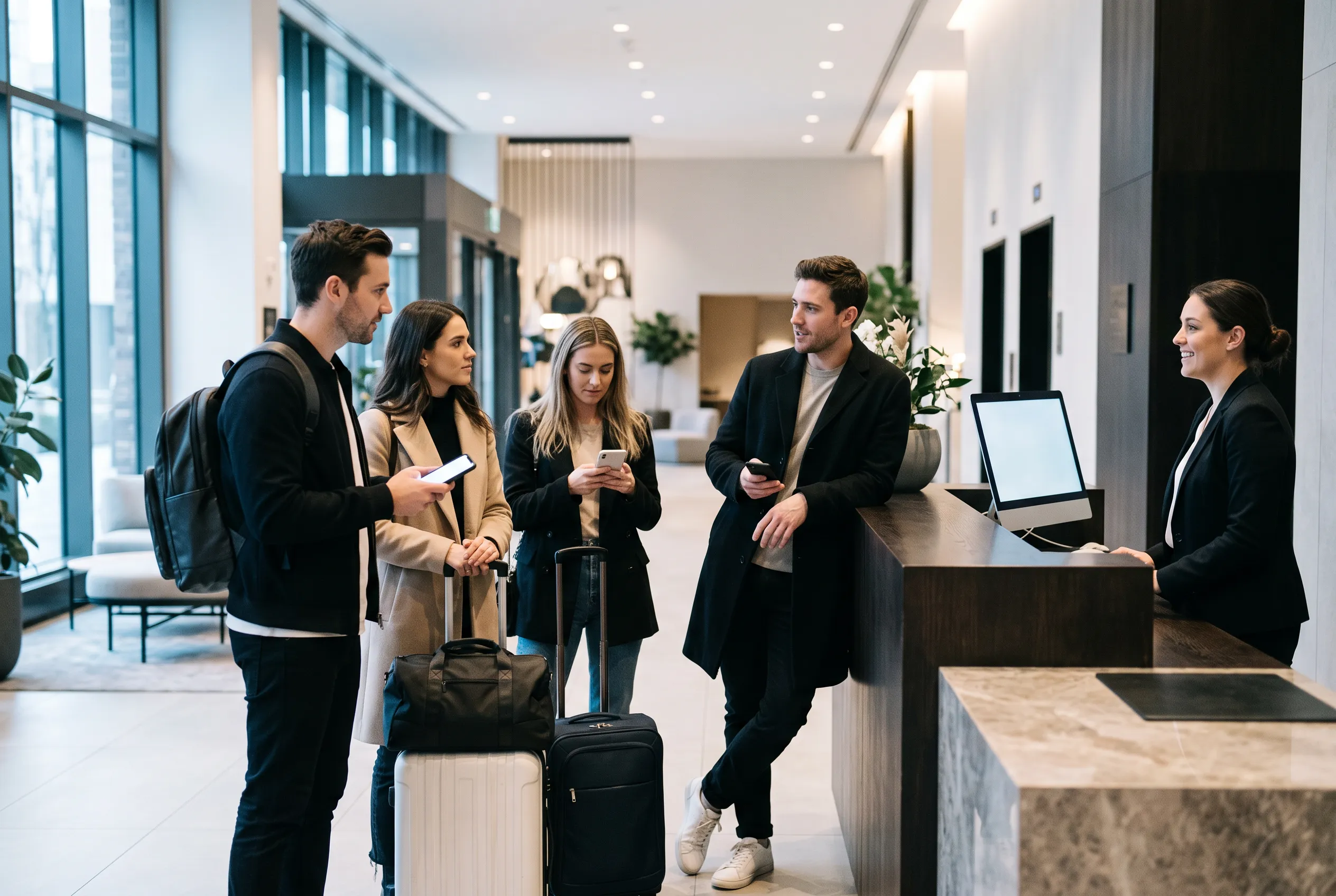 Groupe d'amis avec leurs valises à la réception d'un hôtel, chacun avec son téléphone