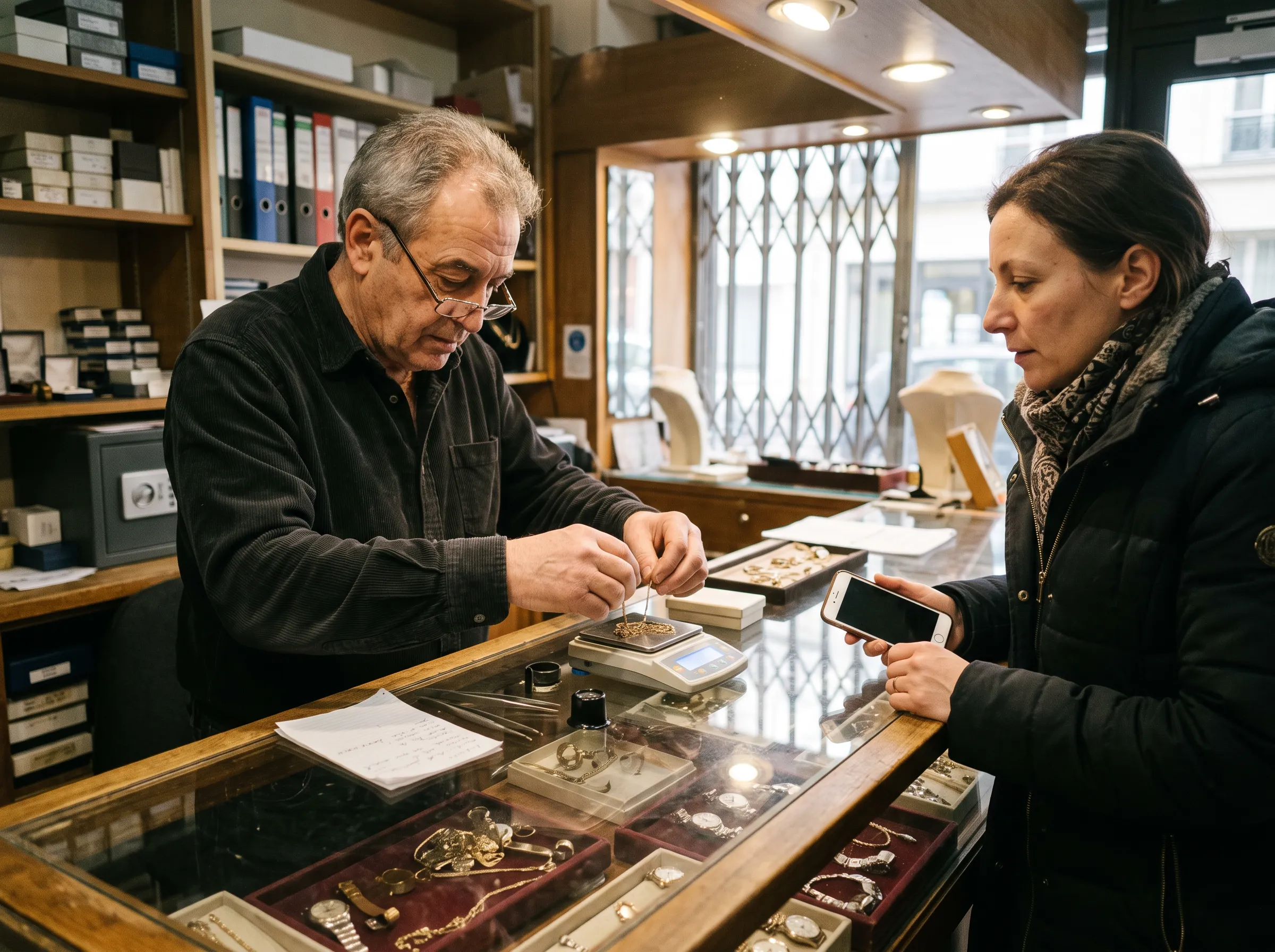 Bijoutier pesant une chaîne en or derrière son comptoir