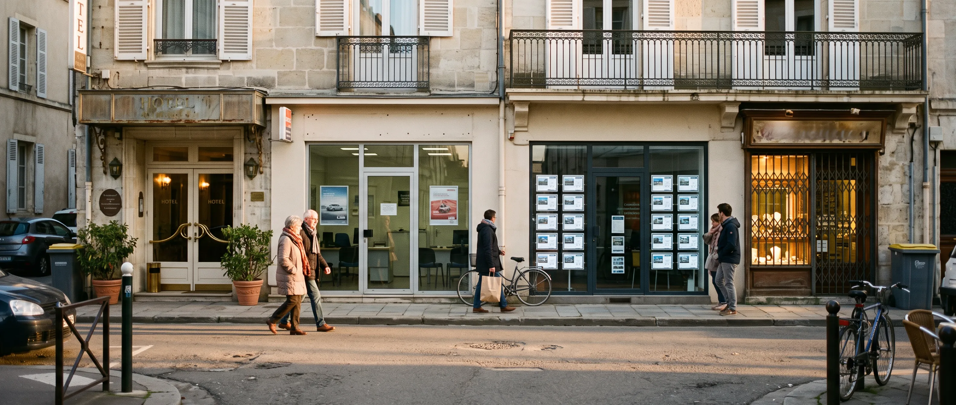 Rue commerçante française : hôtel, agence de location, agence immobilière et bijouterie